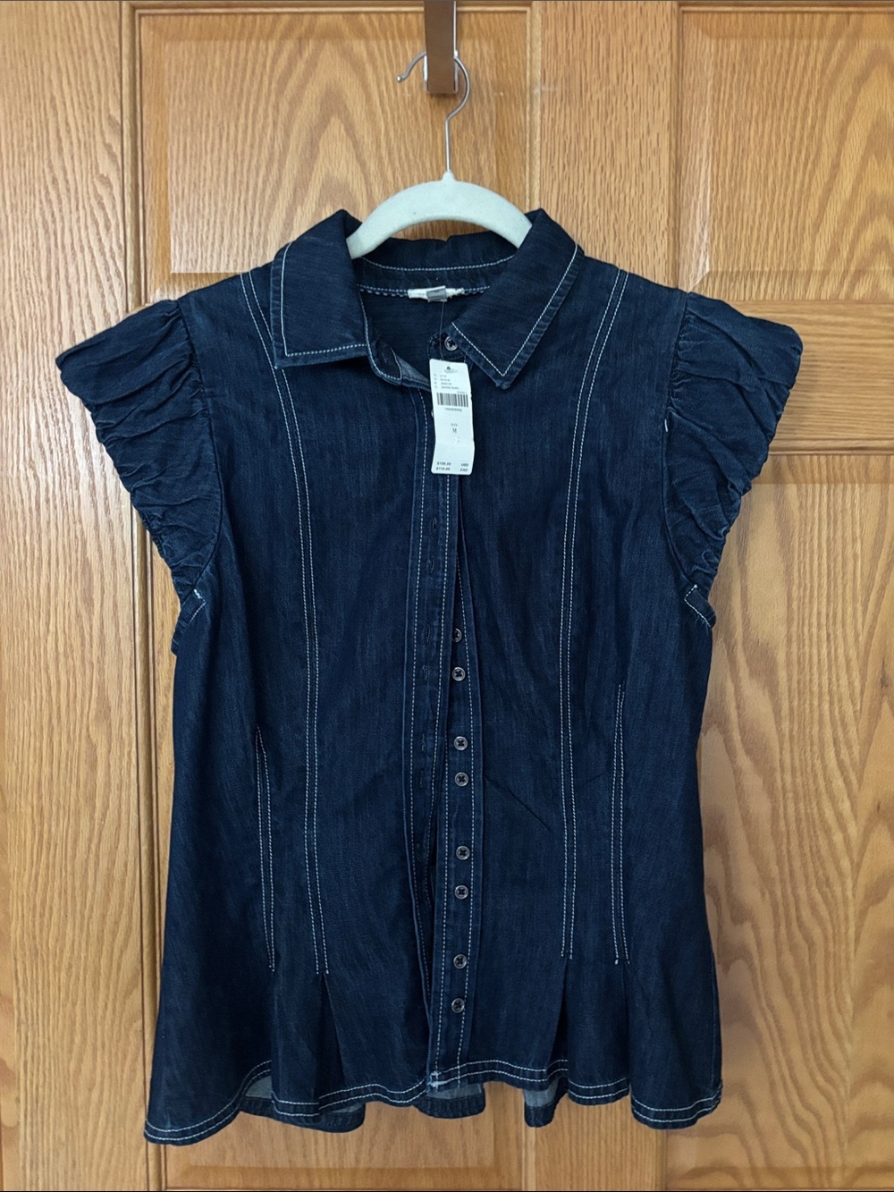 Anthropologie Pilcro Dark Blue Denim Button-Front Cap Sleeve Shirt - Picture 2 of 6